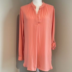 LOFT | Spliced Neck/Roll Sleeve Woven Tunic | Coral/Peach | Large